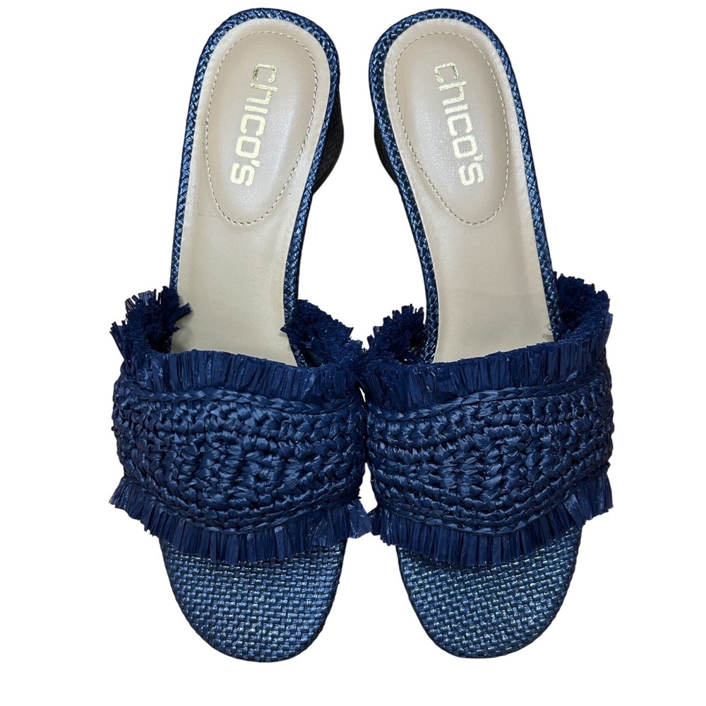 Chico's Blue Woven Mules with Fringe Detail